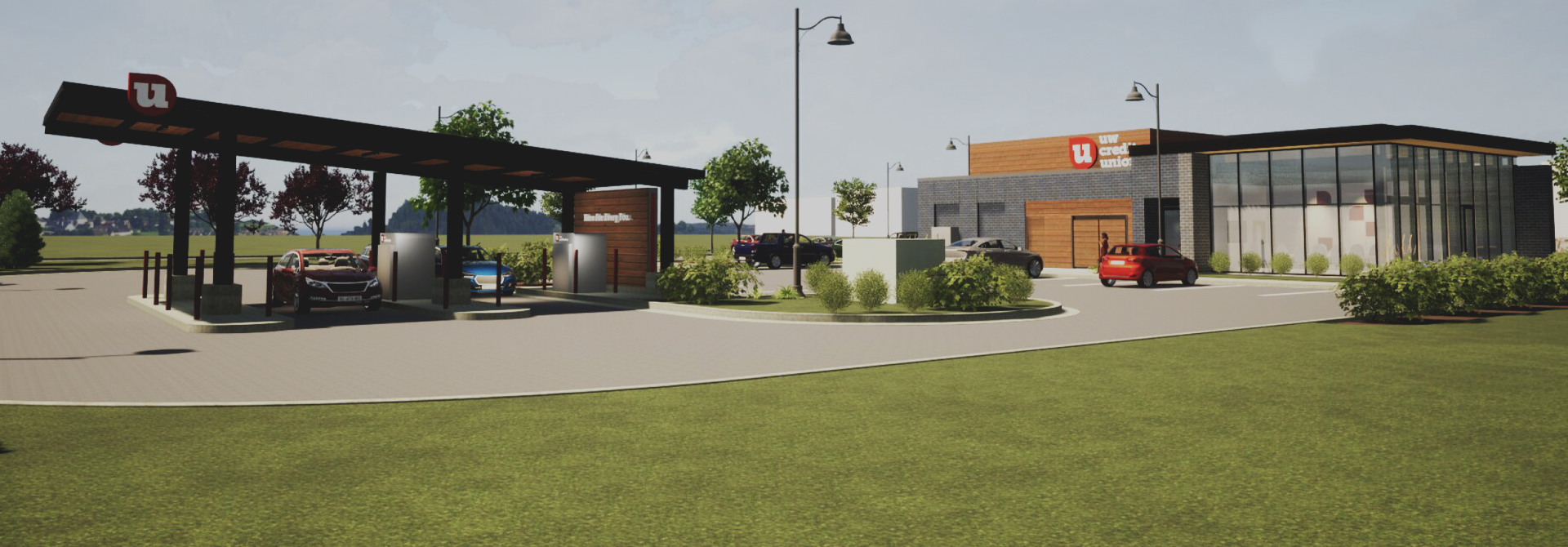 Concept rendering showing the exterior of the new UW Credit Union branch location in Oconomowoc